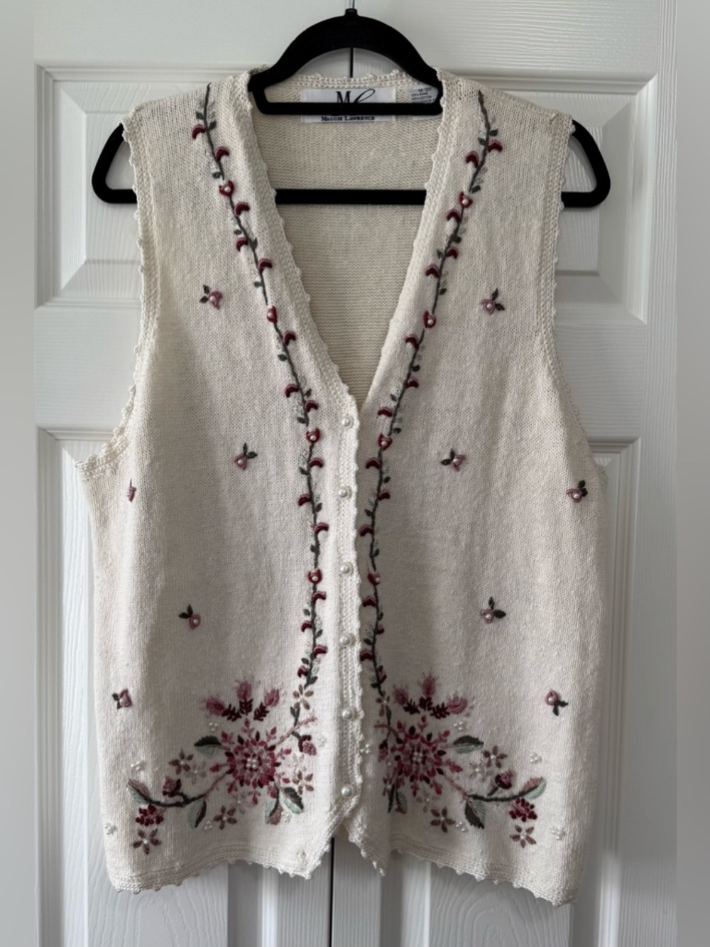 Maggie Lawrence Embroidered Floral Sweater Vest Pearl Button Cottagecore 18/20